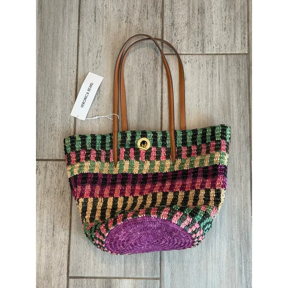 NEW Veronica Beard Raffia Anchor Basket Tote Striped Handbag